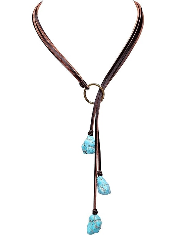 Bohemian Synthetic Turquoise Necklace Handmade Vintage Y-shaped Jewelry with Genuine Flat Brown Leather