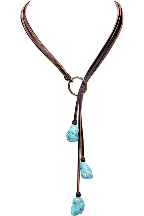 Bohemian Synthetic Turquoise Necklace Handmade Vintage Y-shaped Jewelry with Genuine Flat Brown Leather