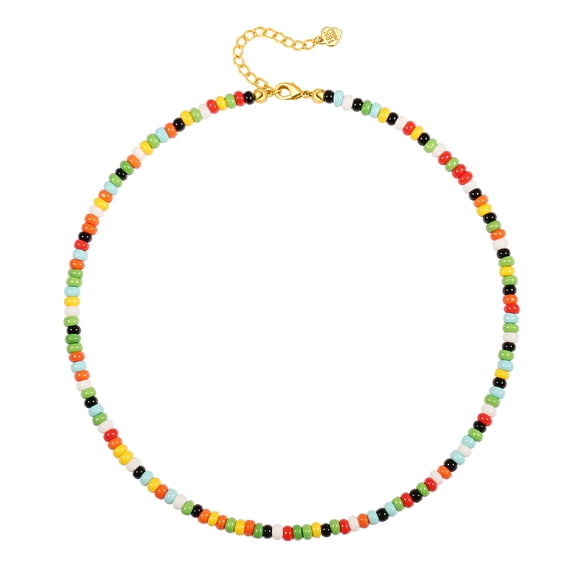 Aobei Pearl Colorful Seed Beads Choker for Women Aesthetic Boho Coloured Glaze Beaded Necklace Dainty 18K Gold Plated Necklace Trendy Cute Summer Beach Jewelry 15”