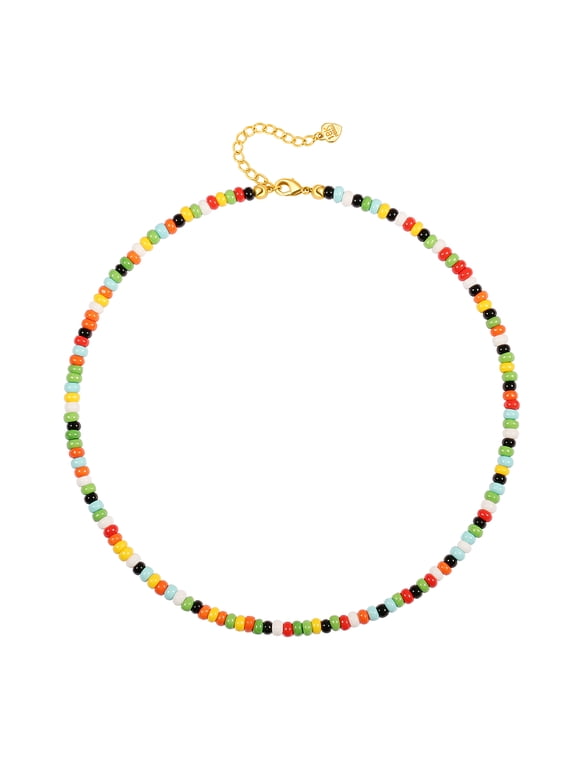 Colorful Seed Beads Choker for Women Aesthetic Boho Coloured Glaze Beaded Necklace Dainty 18K Gold Plated Necklace Trendy Cute Summer Beach Jewelry 15”