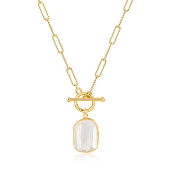 Aobei Pearl Gilt Rectangle Baroque Pearl Pendant Necklace for Women 18K Gold Plated Paperclip Chain Necklace Toggle Layering Jewelry 20”