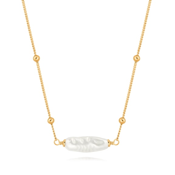 Aobei Pearl Imitation Biwa Pearl Pendant Choker Necklace 18K Gold Plated Satellite Beads Curb Ball Chain Necklace for Women Simple Jewelry
