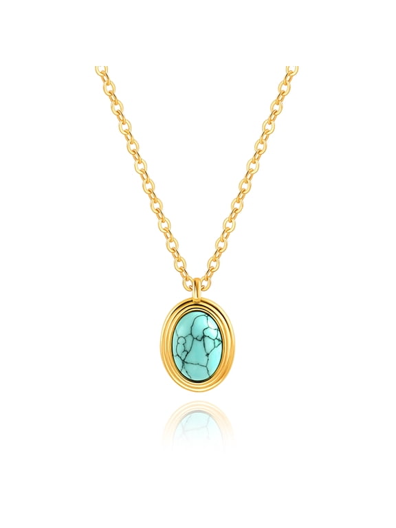Oval Turquoise Pendant Necklace for Women 18k Gold Plated Chain Choker Bohemian Gemstone Charm Layering Jewelry 18’’