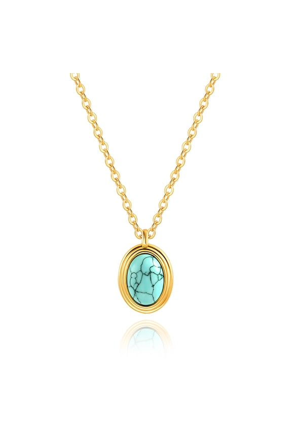 Oval Turquoise Pendant Necklace for Women 18k Gold Plated Chain Choker Bohemian Gemstone Charm Layering Jewelry 18’’