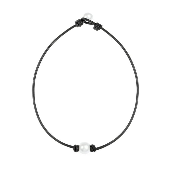 Aobei Pearl Single Cultured Freshwater Pearl Choker Necklace for Women Handmade Genuine Leather Jewelry Short White Beads Pendant Necklace 14" Black