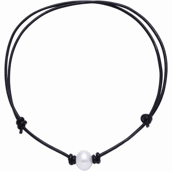 Aobei Pearl Single Cultured Freshwater Pearl Necklace Choker for Women Genuine Leather Jewelry Handmade, Black , Adjustable