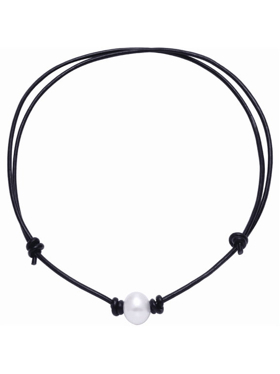 Single Cultured Freshwater Pearl Necklace Choker for Women Genuine Leather Jewelry Handmade, Black , Adjustable
