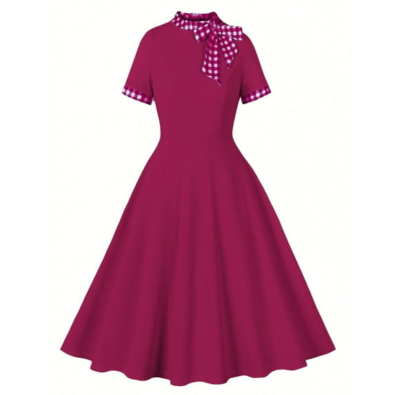 Aobny 1950s Women Spring Dresses 2025 Cotton Red A-Line Long Short Sleeve Plaid High Neck Beachy Dresses