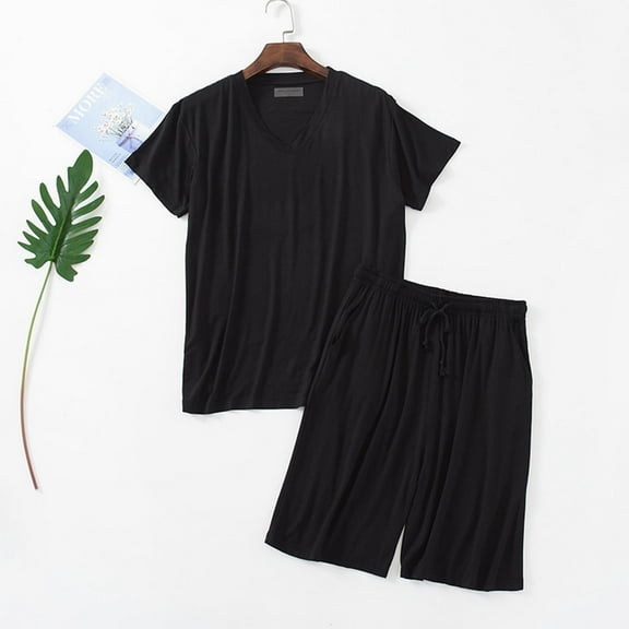 Aobny 2 Piece Comfy Men's Pajamas Black Modal Sleepwear Sets V-Neck Short Sleeve Solid Short Pjs for Adult Lounge