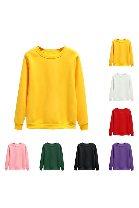 2024 Womens Tops Sweatshirt Yellow Crew Neck Long Sleeve Loose Solid Pullover Womans Tops Comfy