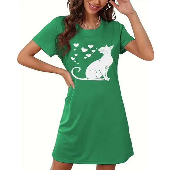 Aobny 2025 Nightgowns for Women's Cat-Print Thin Green Sleep Dresses Short Crew Neck Short Sleeve Adults Tops Sleep