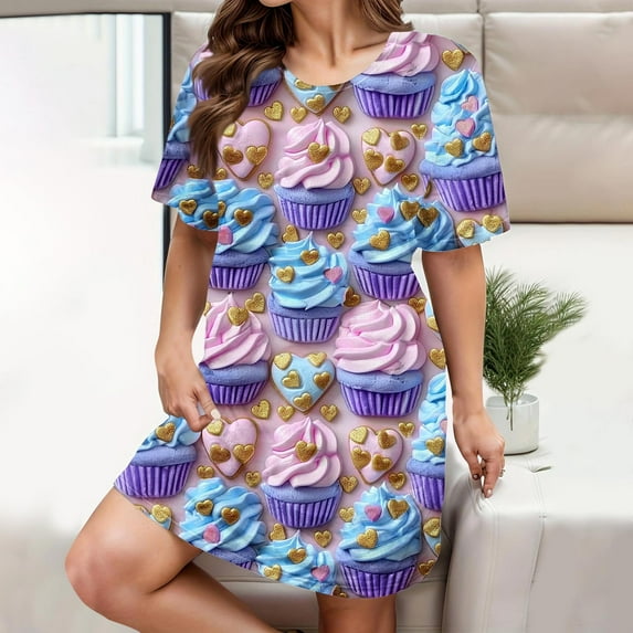 Aobny 2025 Nightgowns for Women's Plus Plus Size Valentine's Blue Sleepshirts Short Sleeve Crew Neck Shirts Spring