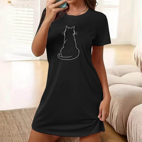 Aobny 2025 Nightgowns for Women's Thin Black Cat-Print Sleep Dresses Short Short Sleeve Crew Neck Teens Pajamas Soft