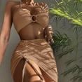 thumbnail image 1 of Aobny 3 Piece Womens Bathing Suit Ribbed Swimsuit Halter Balconette Bikinis Briefs Brown Bikini,L, 1 of 6