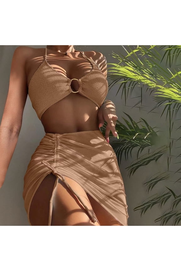 3 Piece Womens Bathing Suit Ribbed Swimsuit Halter Balconette Bikinis Briefs Brown Bikini,L