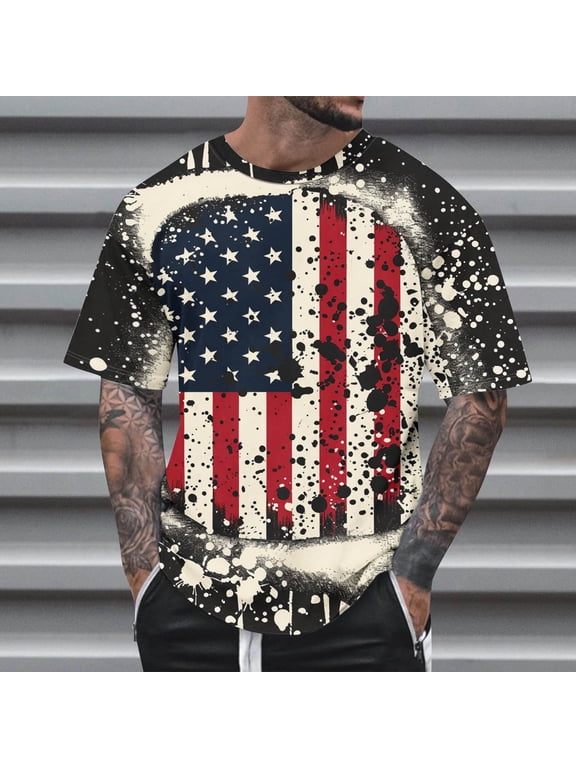 American Flag Mens Tshirts Patriotic Fourth of July T-Shirts Big & Tall Short Sleeve Mens Tshirt,L