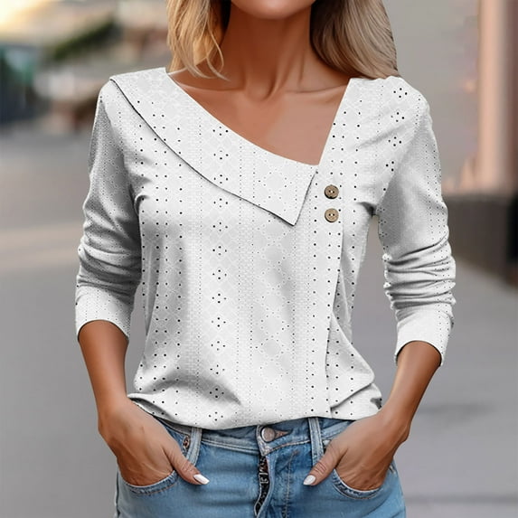 Aobny Asymmetrical Dressy Tops for Women Eyelet White Long Sleeve V-Neck Clothes Blouse Plus Size Tops for Women,XXL