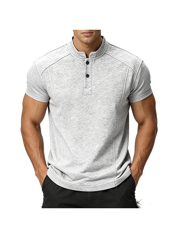 Baggy Tee Shirts Mens Button Solid Clothing Muscle Henley Short Sleeve Mens Tshirts,Gray,M