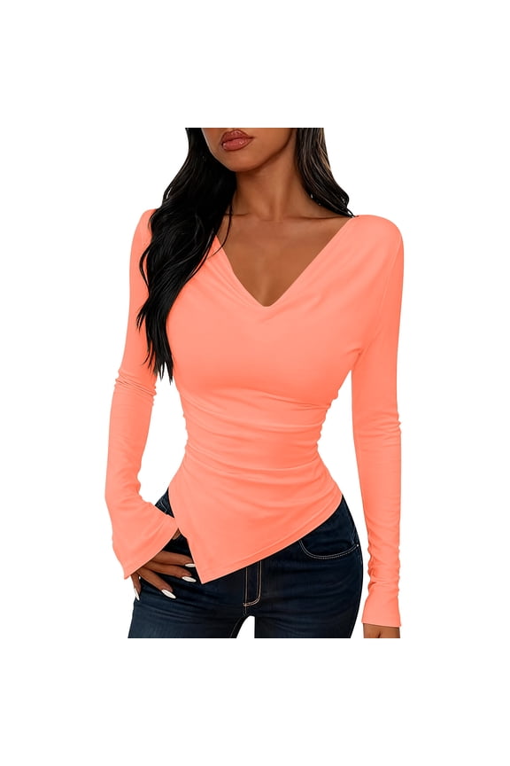 Basic Blouses for Women Compression Shirt Pullover Long Sleeve V-Neck Red Winter Tops,M