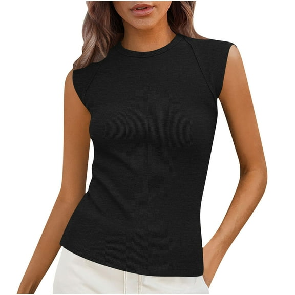 Aobny Basic Going Out Casual Women's Tank Tops Black Cotton Tops Crew Neck Ribbed Muscle Ladys Blouses