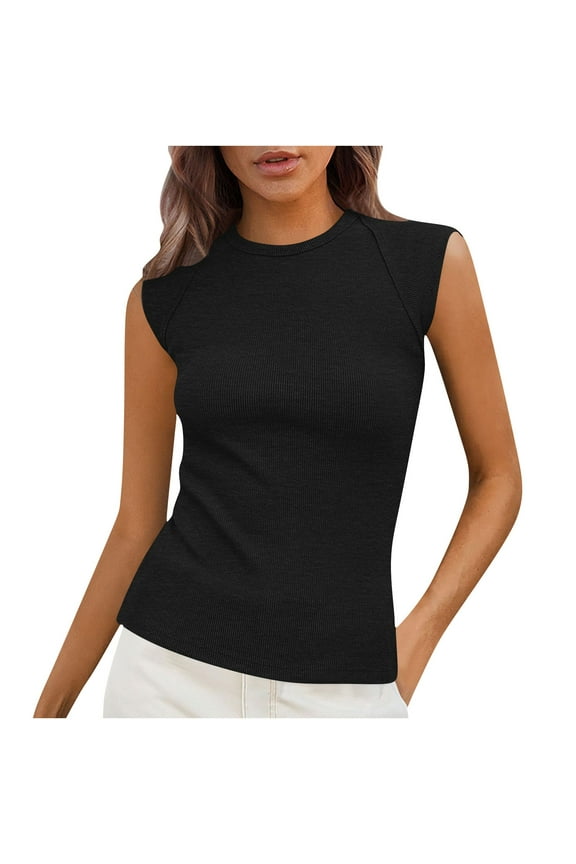 Basic Going Out Casual Women's Tank Tops Black Cotton Tops Crew Neck Ribbed Muscle Ladys Blouses