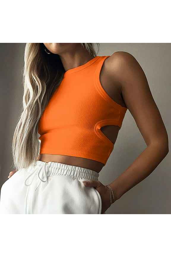 Basic Summer Leisure Women's Tank Tops Ribbed Orange Tops High Neck Open Back Crop Clothes for Adult