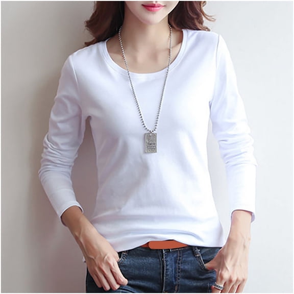 Aobny Basic Women Tshirt Slim White Shirt Long Sleeve Crew Neck T-Shirts,M