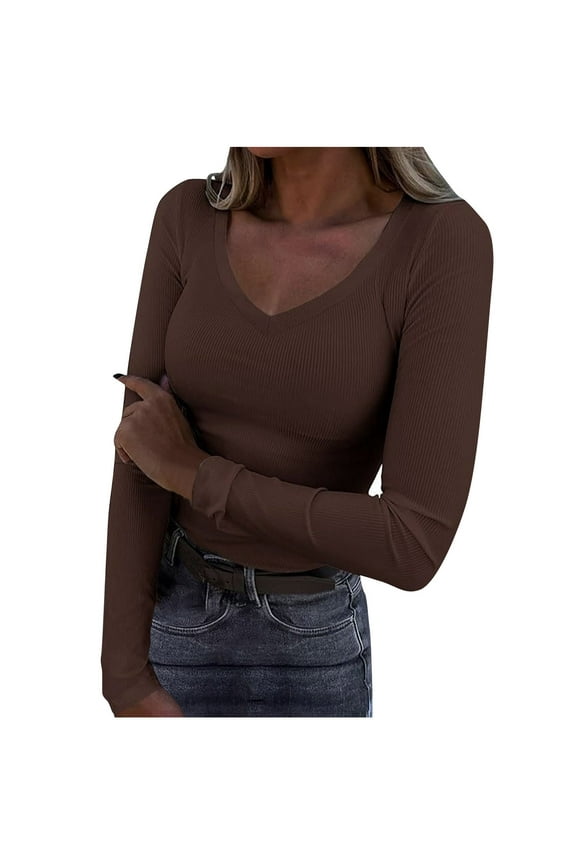 Basic Women's Leisure T-Shirt Brown Work Tees Long Sleeve Ribbed V-Neck Juniors Shirts