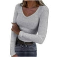 thumbnail image 1 of Aobny Basic Women's Leisure T-Shirt Work Gray Tees Long Sleeve Ribbed V-Neck Womans T-shirts, 1 of 5