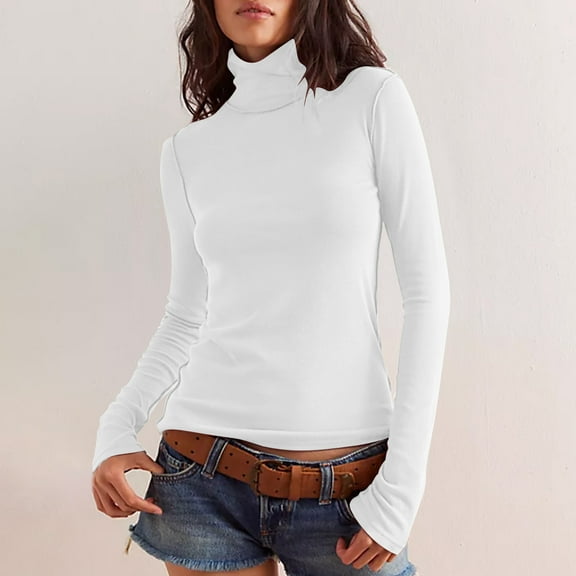 Aobny Basic Work Womens Shirts White Solid Fitted Turtleneck Long Sleeve Pullover Ladies Shirts Soft
