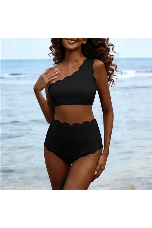 Bathing Suit for Women Tummy Control Sexy Swim Suit Bikinis High Waist One Shoulder Black Women Bathing Suit,S