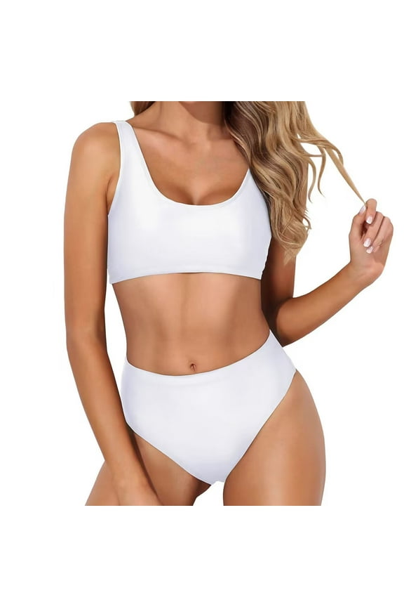 Bathing Suits Solid 2 Piece Womens Bathing Suit High Waist Bikinis Crop-Top White Bathing Suit for Women,M