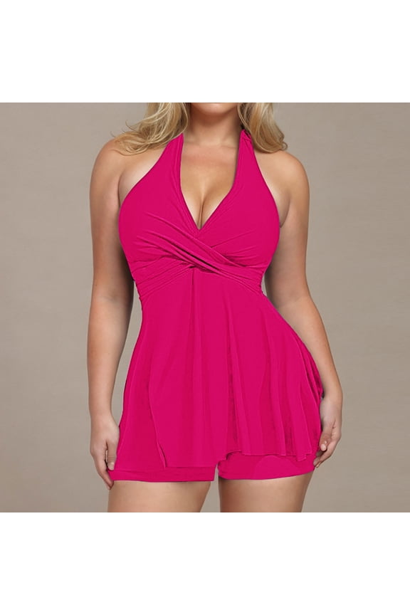 Bathingsuits for Woman Modest 2 Piece Bathing Suit Halter Boy Shorts Tankinis Hot Pink Bikini,S