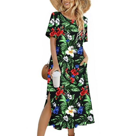 Aobny Beachy Dresses for Women 2025 Floral Flower Hawaiian Sundress Crew Neck Short Sleeve Midi Going Out Dresses