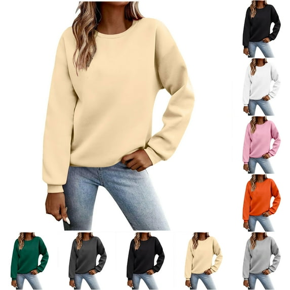 Aobny Beige Sweatshirts for Women Dressy Loose Pullover Crew Neck Long Sleeve Sweatshirts