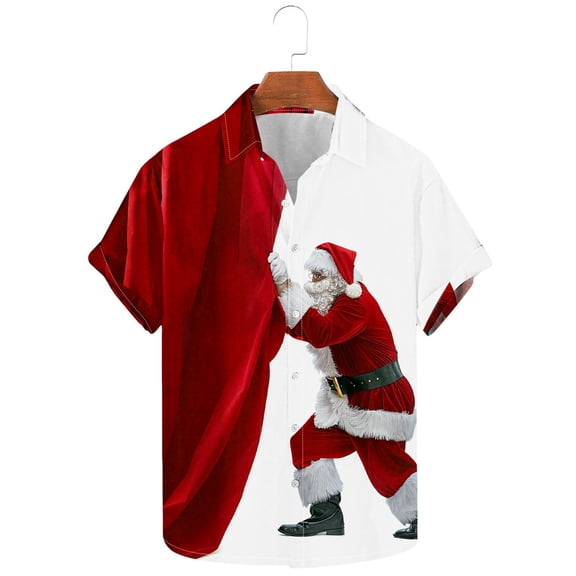 Aobny Big and Tall Shirts for Men Oversized Collared Short Sleeve Santa T Shirts Christmas Button-Up Summer Tops,M