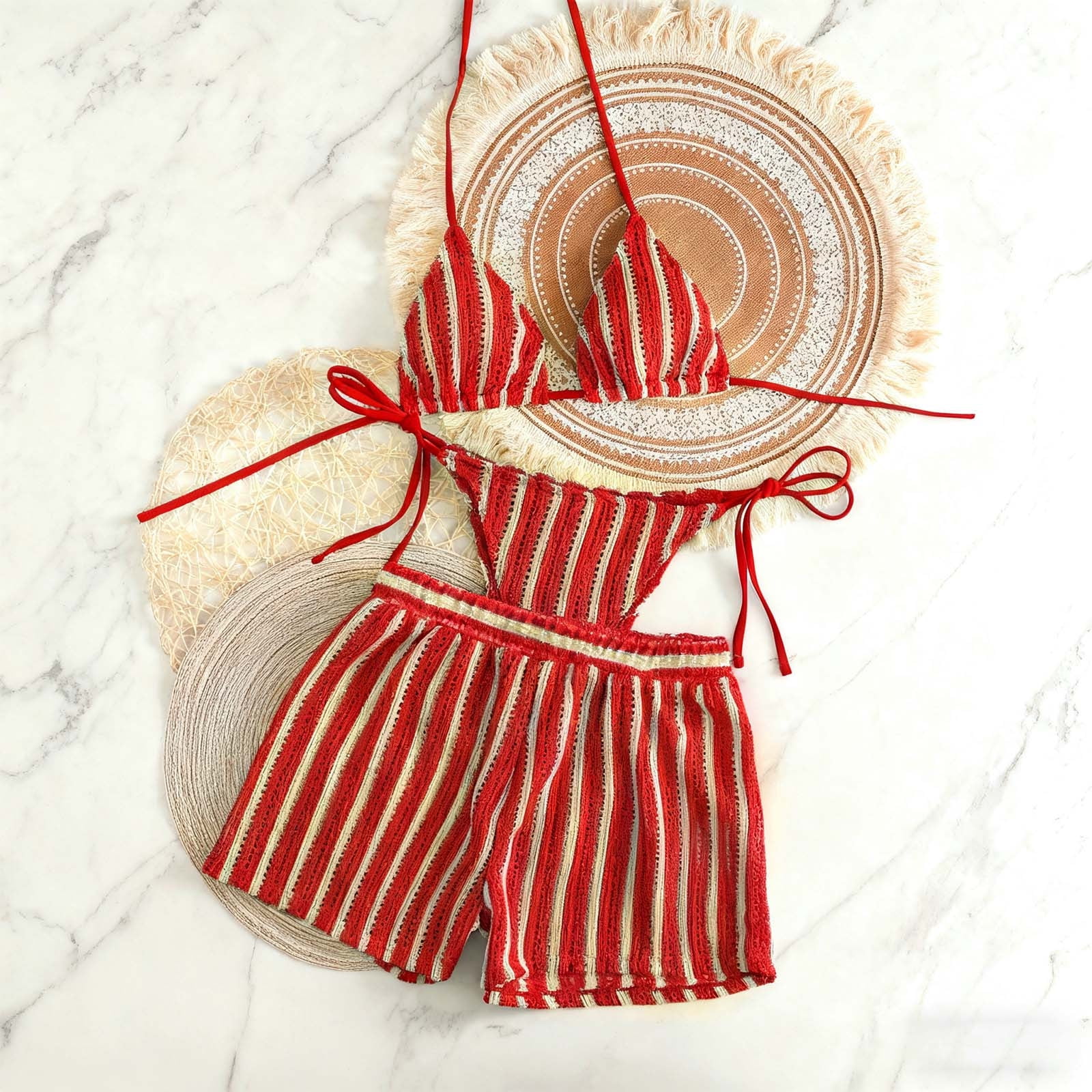 Aobny Bikinis Women Swimsuits 3 Piece Striped Bathing Suits Triangle ...