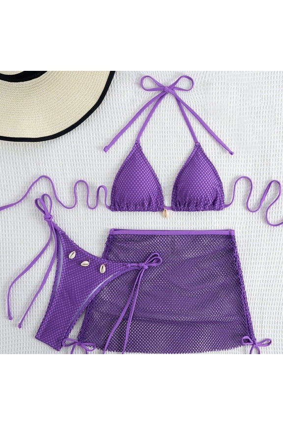 Bikinis Womens Swimsuit 3 Piece Plain Swim Suits Triangle Set Purple Thong Swimwear