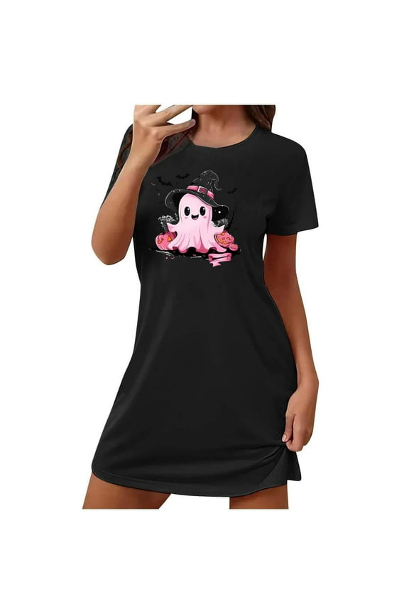 Black Chemise Nightgowns for Women Ghost Cute Night Gowns Crew Neck Short Short Sleeve Cute Pajamas for Women,L