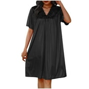 AOBNY Black Fall Nightgowns for Woman Silk Solid V-Neck Knee Length Short Sleeve Mumu Adults Nightshirts Breathable
