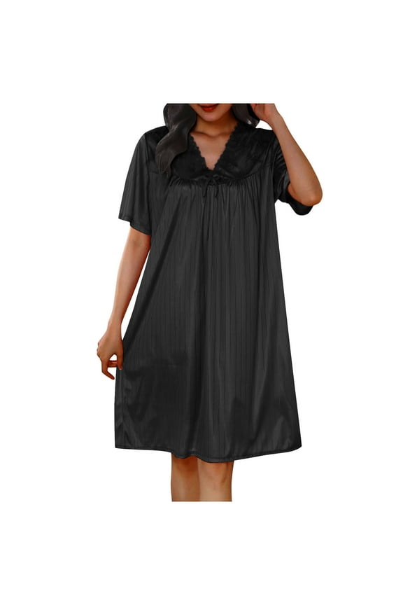 Black Fall Nightgowns for Woman Silk Solid V-Neck Knee Length Short Sleeve Mumu Adults Nightshirts Breathable
