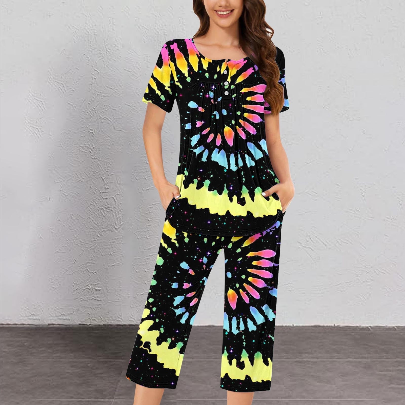 Aobny Black Fall Pajamas for Women Set Capri Tie Dye Cooling Button ...