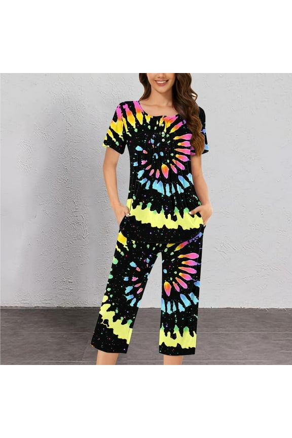 Black Fall Pajamas for Women Set Capri Tie Dye Cooling Button Short Sleeve & Pants Pjs for Junior Set Fashion