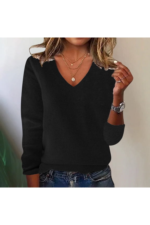 Black Fancy Womens Sweaters Cotton Long Sleeve Stockinette V-Neck Pullover Fitted Sweaters for Adult Loungewear