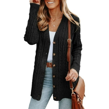 Aobny Black Fitted Womans Sweaters Button Up Solid Cable Knit V-Neck Long Sleeve Cardigan Ladies Tops Work