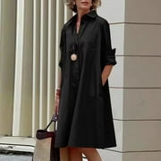 MUSCULARFIT Aobny Black Ladies Spring Dresses Elegant Office Shirt Dress Color Block Long Sleeve Collared Casual Dresses