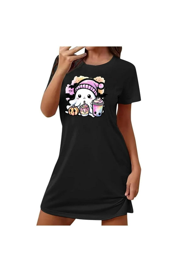 Black Night Gowns Ghost Cute Women Sleepshirt Short Crew Neck Short Sleeve House Dress,L