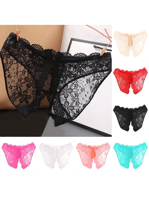 Black Stretch Women's Panties Summer Crotchless Open Crotch Panties Sheer Lace Underpants for Woman,M-L