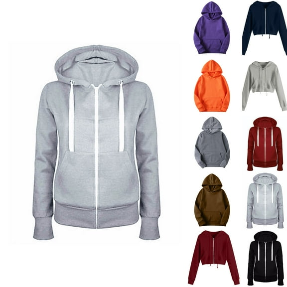 Aobny Black Sweatshirt Gray Women Zipper Hoodie Long Sleeve Hooded Fleece Womens Sweatshirt