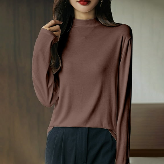 Aobny Women's Solid Color Long Sleeved Round Neck Knitted Sweater Thin,Coffee,M